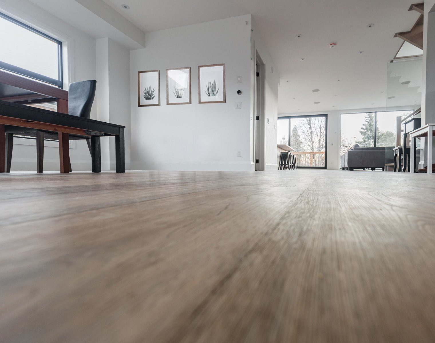 A low-angle view of a modern, minimalistic living room featuring Oak Oasis 5 wood flooring, white walls adorned with framed plant artwork, and large windows. A black chair and piano are positioned on the left, with a sofa visible in the background.